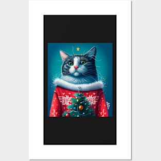 Cat Wearing Christmas Sweater Posters and Art